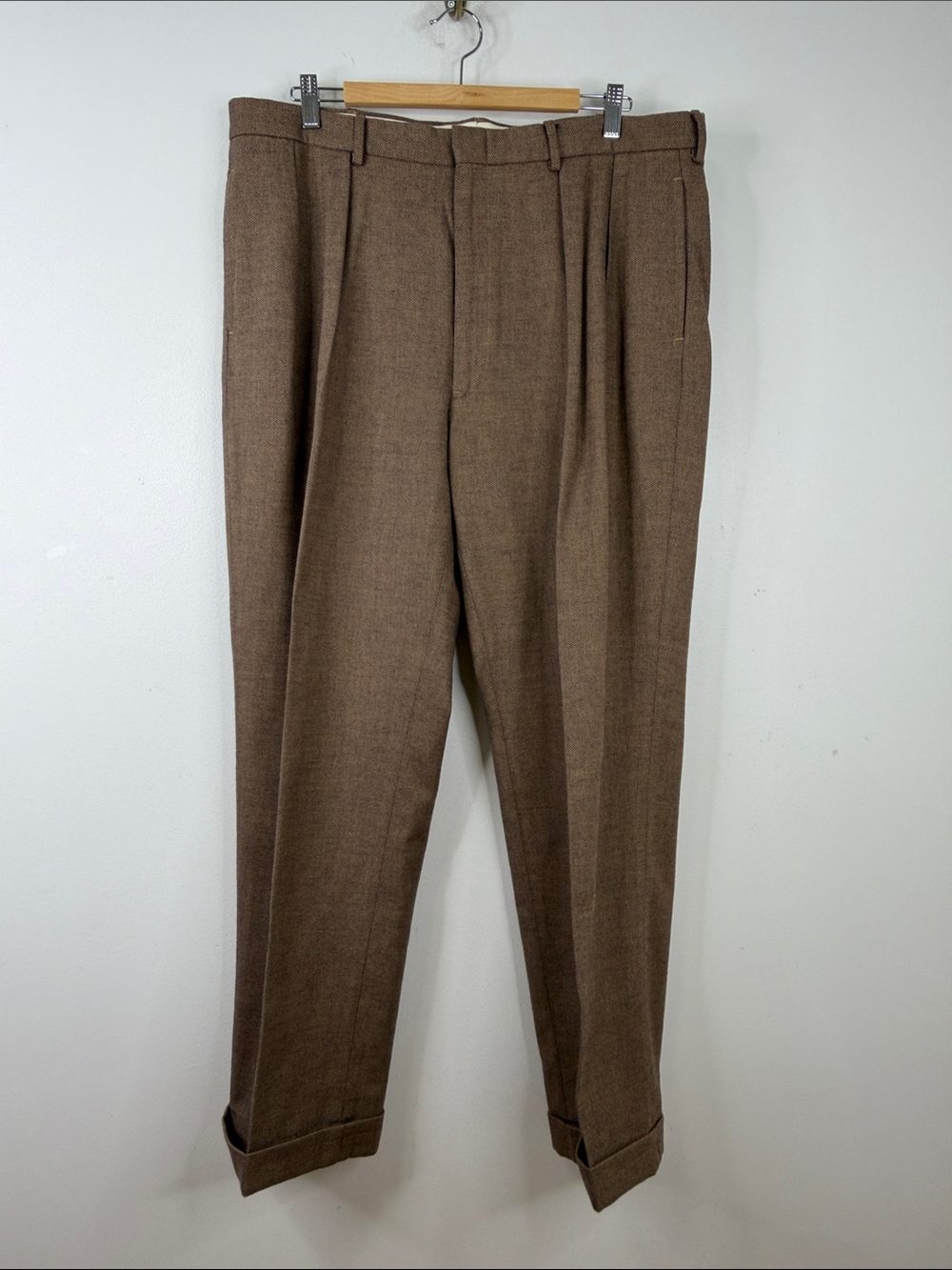 Vintage Polo Ralph Lauren Pants Mens 38 x 30 Brown Cotton Wool Pleated Cuffed